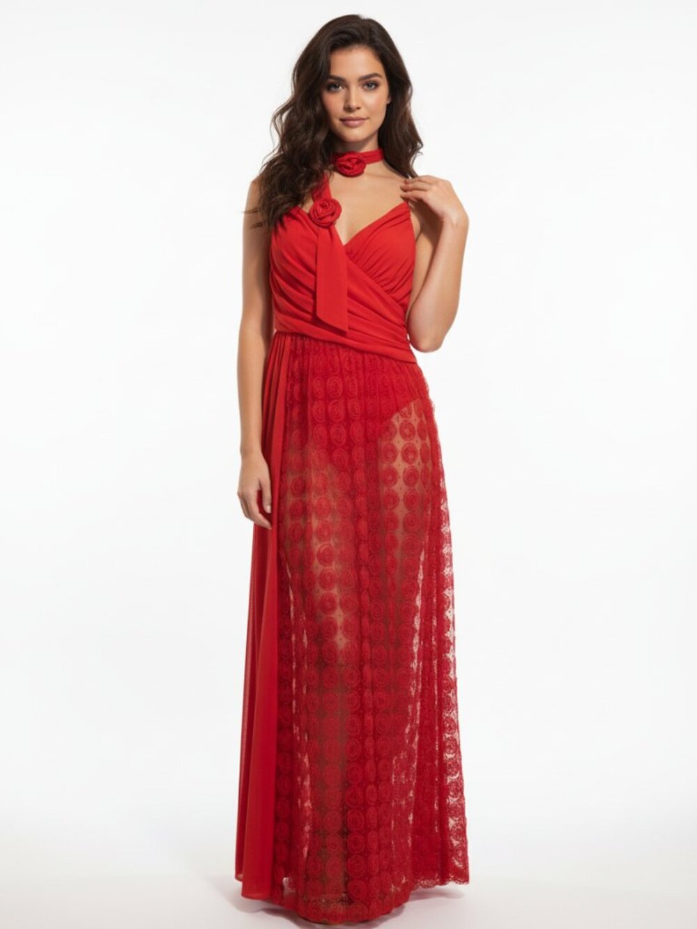 For Love And Lemons Red Maxi Dress with Lace Overlay